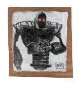 THE IRON GIANT - SIGNED PAINTING ON WOOD BY RICHARD BAZLEY