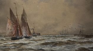 SIR OSWALD WALTERS BRIERLY - STEAM & SAILING BOATS OFF A JETTY - WATERCOLOUR