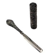 GEORGE V HALLMARKED SILVER HANDLED NAIL PUSHER & A SILVER PERFUME BOTTLE