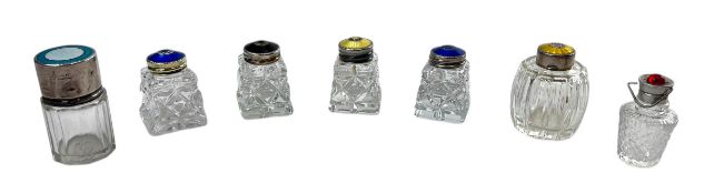 SIX SCANDINAVIAN SILVER & ENAMEL TOP CUT GLASS PEPPERETTES