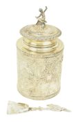 20TH CENTURY CONTINENTAL TEA CADDY AND A SILVER SPOON