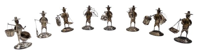 EIGHT 20TH CENTURY HONGKONG EXPORT STERLING SILVER FIGURINE PLACE CARD HOLDERS