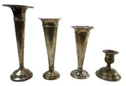 VICTORIAN HALLMARKED SILVER CANDLE HOLDER & THREE SILVER VASES