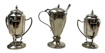 PAIR OF GEORGE V HALLMARKED SILVER PEPPERETTES & A MUSTARD POT