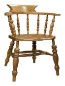 19TH CENTURY VICTORIAN BEECH & ELM WOOD SMOKERS' BOW ARMCHAIR