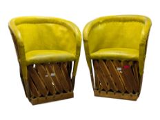 TWO MID CENTURY MEXICAN EQUIPALE YELLOW LEATHER & CEDAR STRIP CHAIRS