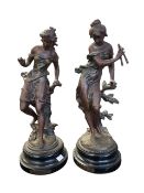 PAIR OF EARLY 20TH CENTURY BRONZED SPELTER FIGURES ON SOCLE PLINTHS