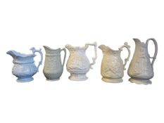 FIVE 19TH CENTURY VICTORIAN STONEWARE RELIEF MOULDED JUGS