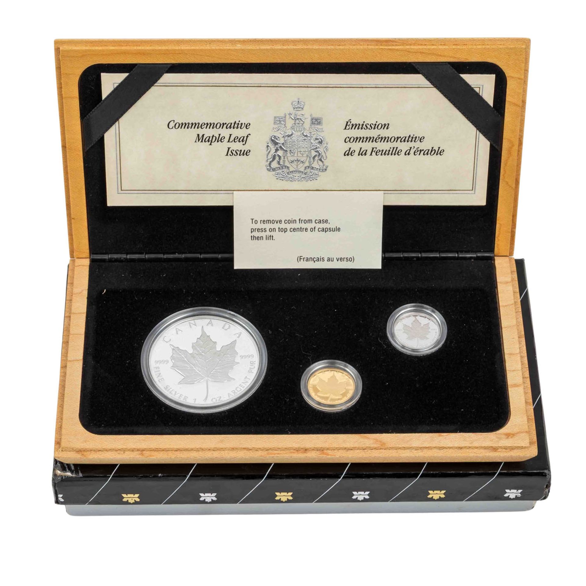 Kanada - Elisabeth II. 3-tlg. Maple Leaf Set mit Silber, Gold und Platin 1989 PP