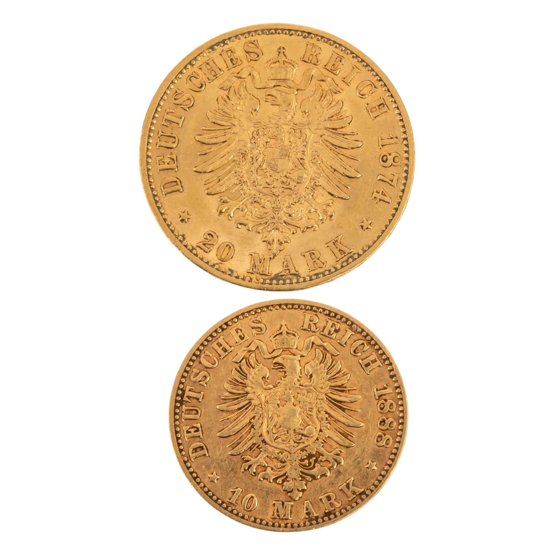 Deutsches Reich/GOLDlot Württemberg 1x 20 Mark & 1x 10 Mark zu insg. 10,74g Au fein - Bild 2 aus 2