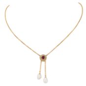 Zartes Collier mit Rubin, Diamanten und Naturperlen,