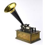 An early 20th century Edison Standard Phonograph with brass and ebonised trumpet and a collection