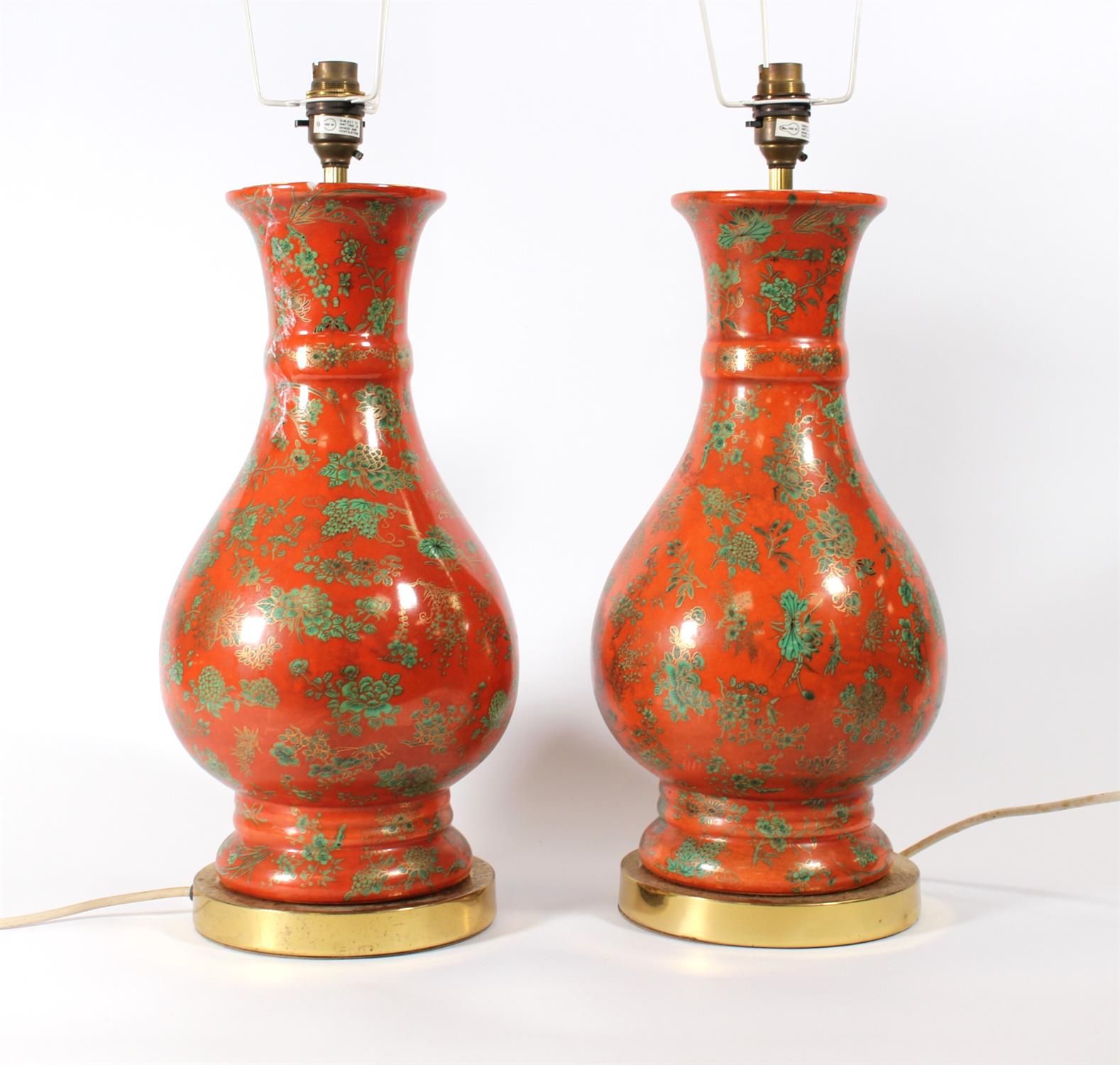 Rust Red Vase A pair of porcelain vases, 20th Century, decorated with green and gilt ...