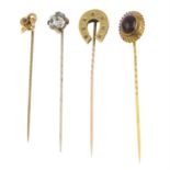 Four late 19th gem-set stickpins