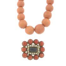 19th c. coral & pearl brooch & a bead necklace