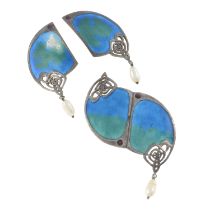 Silver cultured pearl & enamel set, Liberty & Co.