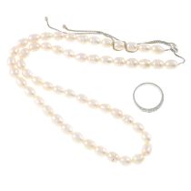 Cultured pearl necklace & cubic zirconia ring