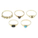 Five 9ct gold gem rings
