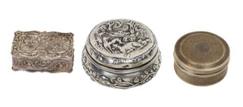 An attractive Victorian style repousse design Pill Box, decorated with cherub, by Irish Silver Ltd.,