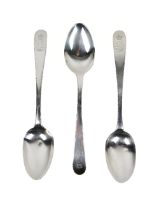 A set of three Irish Georgian crested silver Spoons, by Michael Keating, Dublin, 1751, each with the