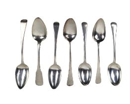 Silverware:  Seven varied English silver Dessert and Serving Spoons, by Thomas Wallis, Samuel