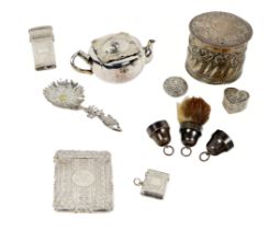 An engraved silver Card Case, a Vesta Case, a small engraved Etui, a heart shaped Pill Box, a