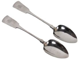 A pair of Irish silver Georgian period fiddle pattern Serving Spoons, by James Scott, Dublin,