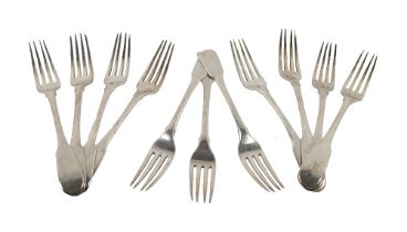 A set of 11 heavy English Georgian silver Dinner Forks, by Peter & William Bateman, London 1807,