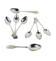 Silverware: A set of 6 Irish Georgian silver rat-tail Teaspoons, by SG (unrecorded), Dublin 1837,