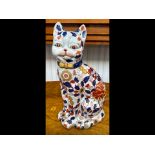 Large Japanese Imari Cat Figure, hand painted foliate and peonies, character marks to base. Measures
