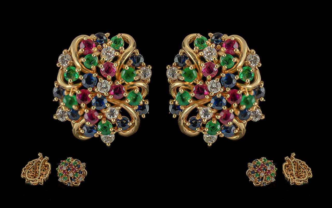 Ladies - Attractive Superior Quality 14ct Gold Multi Gem Set Earrings ( Cluster Form ) For Pierced