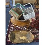 Hand Carved Trug, good age and proportions, early 20th century, plus three wicker baskets, and a