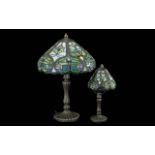Pair of Tiffany Style Lamps, one measures 19'', one 12'' high, matching colours of blue, green and