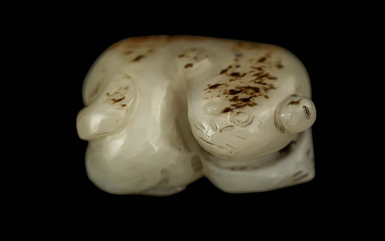 Antique Diminutive Jade Carving of a Stylised Frog. Measures approx. 36 mm length.
