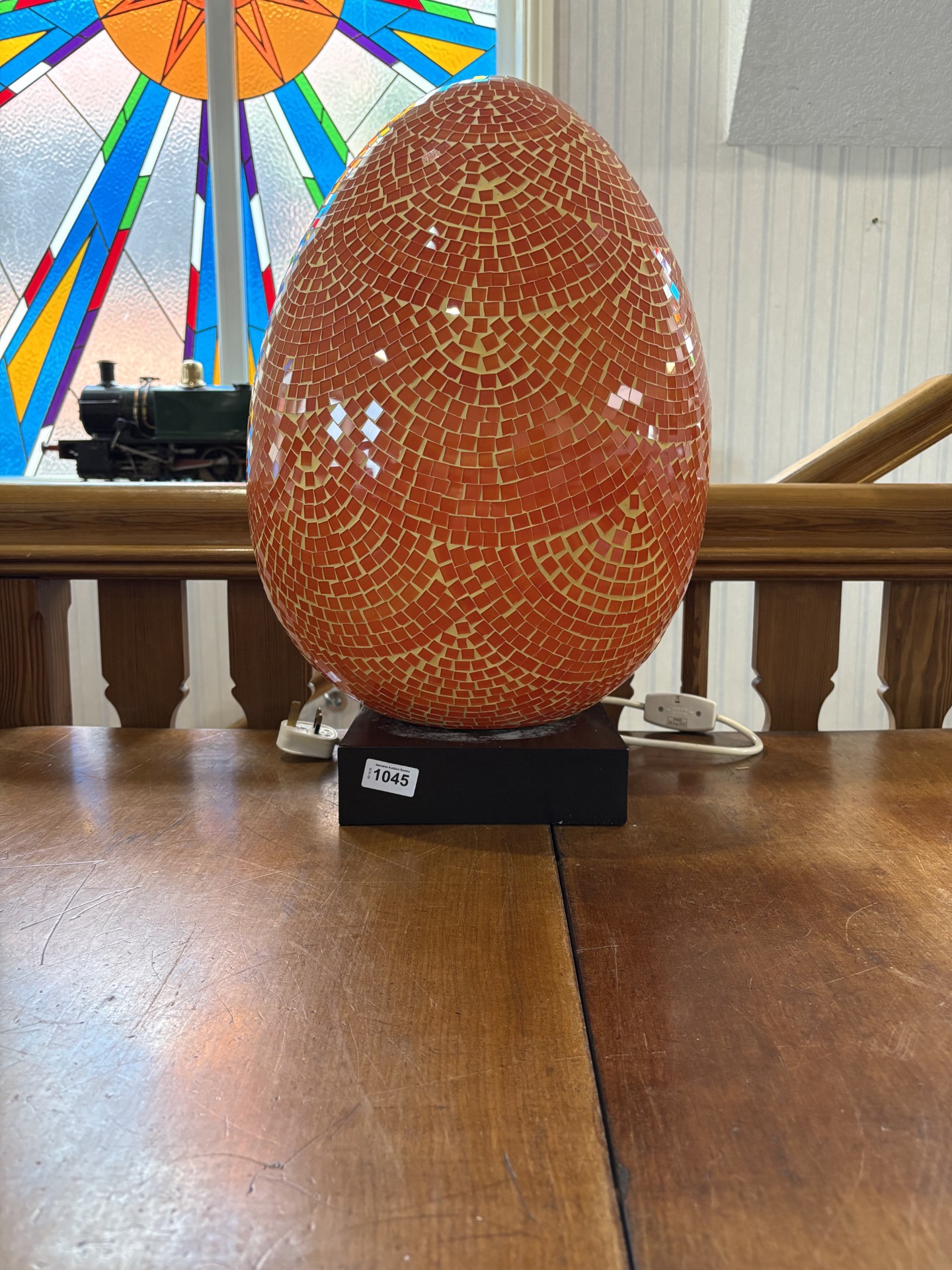 Large Mosaic Egg Shaped Table Lamp, orange colour, 24'' high, raised on a wooden base. Very
