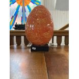 Large Mosaic Egg Shaped Table Lamp, orange colour, 24'' high, raised on a wooden base. Very