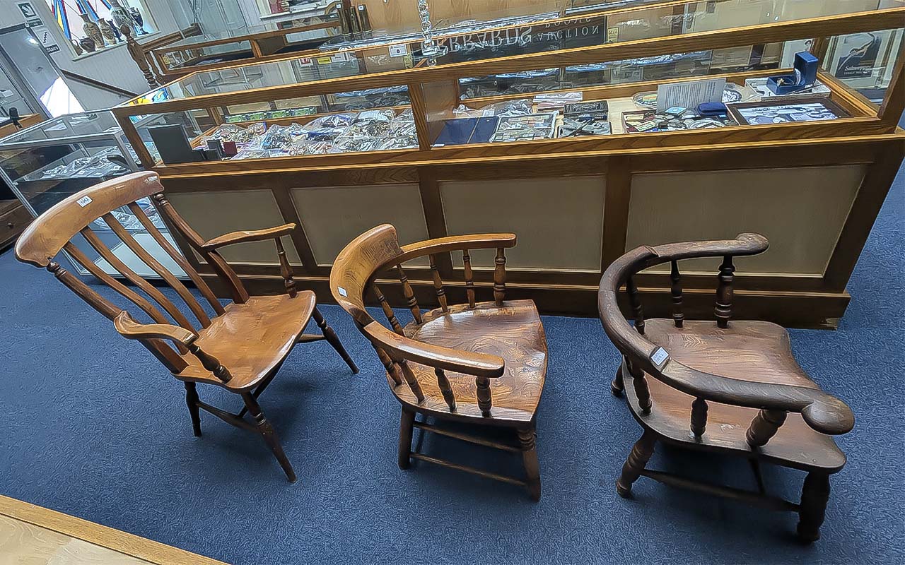 Three Bentwood Chairs, typical form. Legs on two chairs have been shortened. Tallest measures 38''