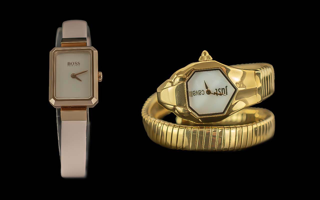 2 x Ladies Designer Watches. Comprises 1/ Hugo Boss Watch with Box and Papers, WIth Pink Strap. 2/
