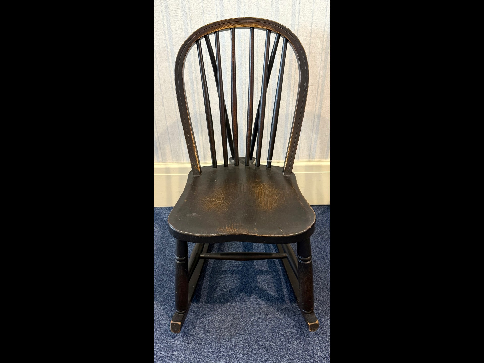 1916 Child's Windsor Style Rocking Chair, made by J Williams. Spindle back, stretchers. Measures