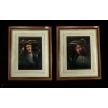 Pair of Original Pastels on Board, Man and Woman Pipe Smokers. Image sizes 17'' x 12'' (45cm x