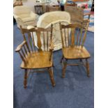 Four Ash Cottage Chairs, with spindle backs, two armchairs and two dining chairs. Height 36'',