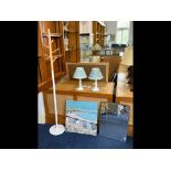 Pair of Laura Ashley Bedside Lamps, with white wooden column bases and eau de nil pleated shades,