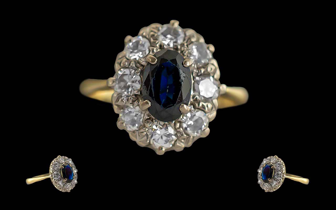 Ladies Pleasing 18ct Gold And Platinum Sapphire & Diamond Cluster Ring - Tests 18ct. The Central