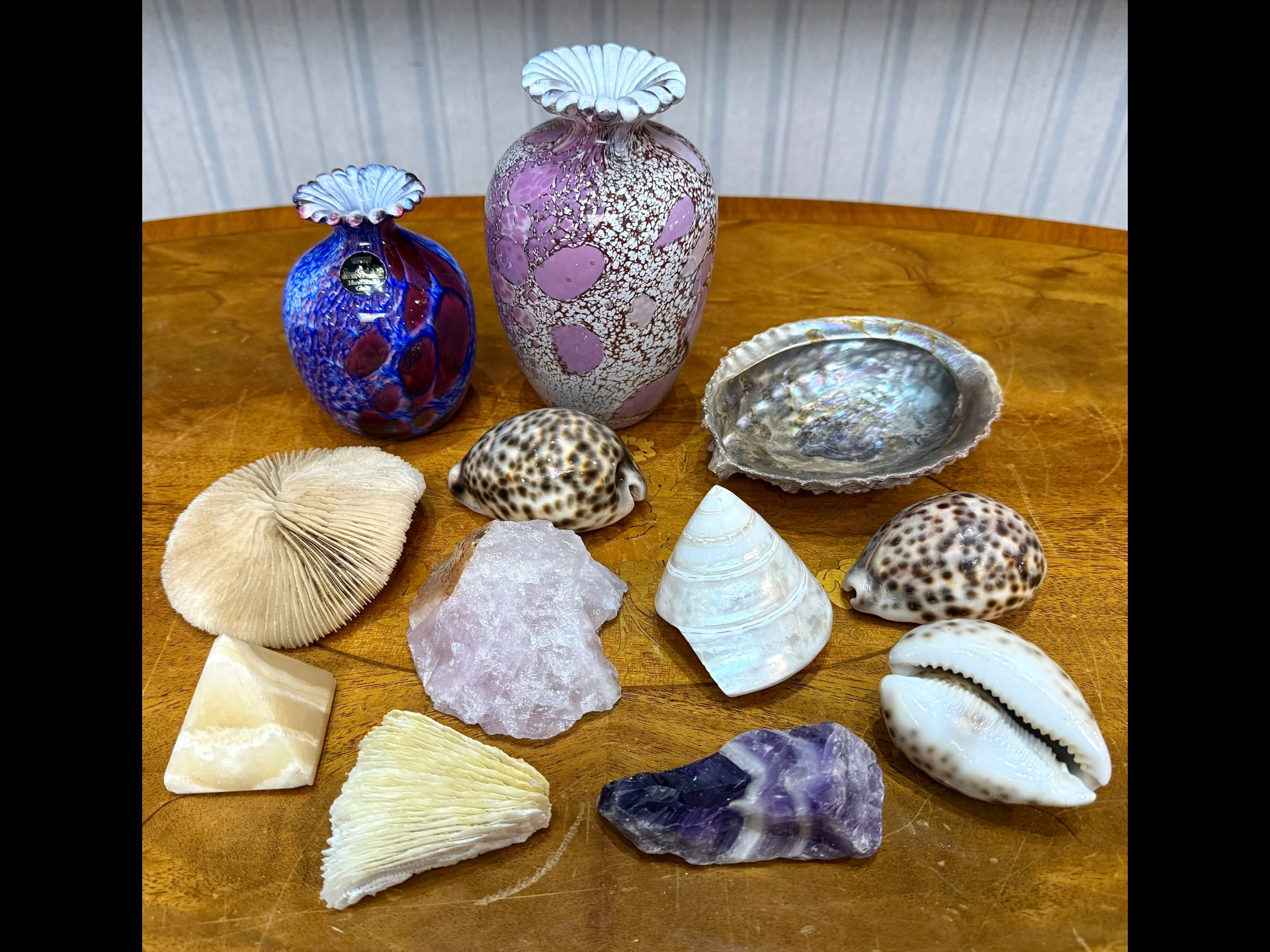 Two Glass Studio Vase, Ireland from Jersey, together with a collection of mixed sea shells,