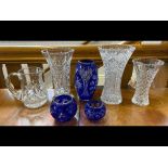 Box of Quality Glassware, to include cobalt blue cut glass vase and two matching tea light