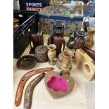 Box of Wooden Items, including figures, pots, vases, birds, elephant bookends, dolphins, etc.