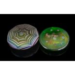 Two Glass Opalescent Paperweights Neo by K Heaton, one with a silvered dragonfly and one with