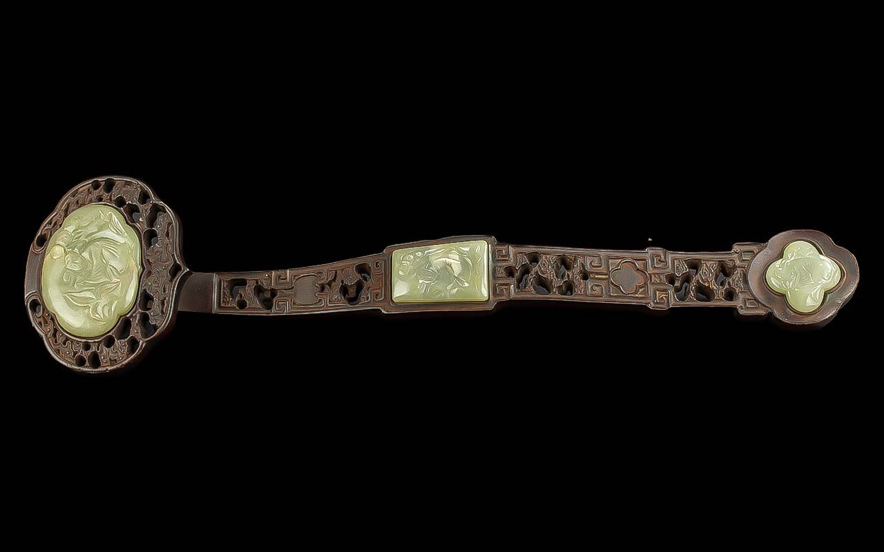 Chinese Carved Wooden ( Zitan ) Ruyi Scepter Inlaid with Carved Jade Inlay. Length 18.5
