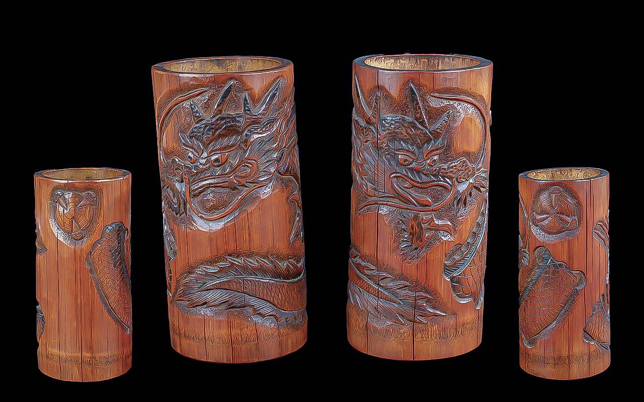 Chinese 19th Century Pair of Carved Bamboo Brush Pots with Carved Images of Dragons to Sides,