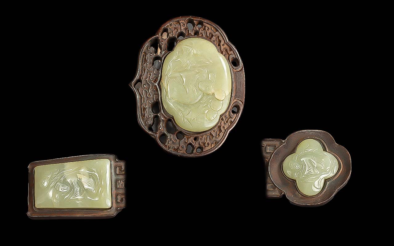 Chinese Carved Wooden ( Zitan ) Ruyi Scepter Inlaid with Carved Jade Inlay. Length 18.5 - Image 2 of 2